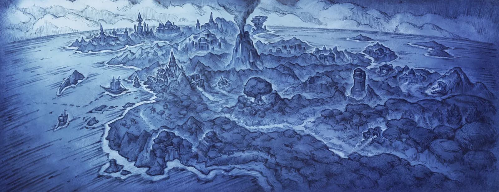 A painted map of the Eastern Kingdoms in blue ink